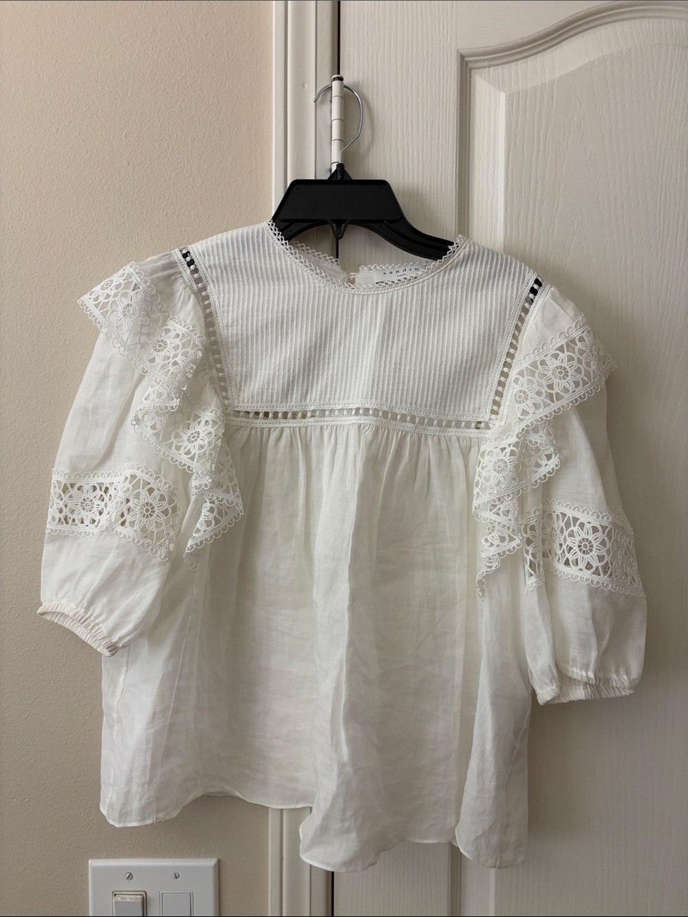 NWOT Sandro White Lace-Trim Puff Ruffle Sleeve Blouse size 2 (M)